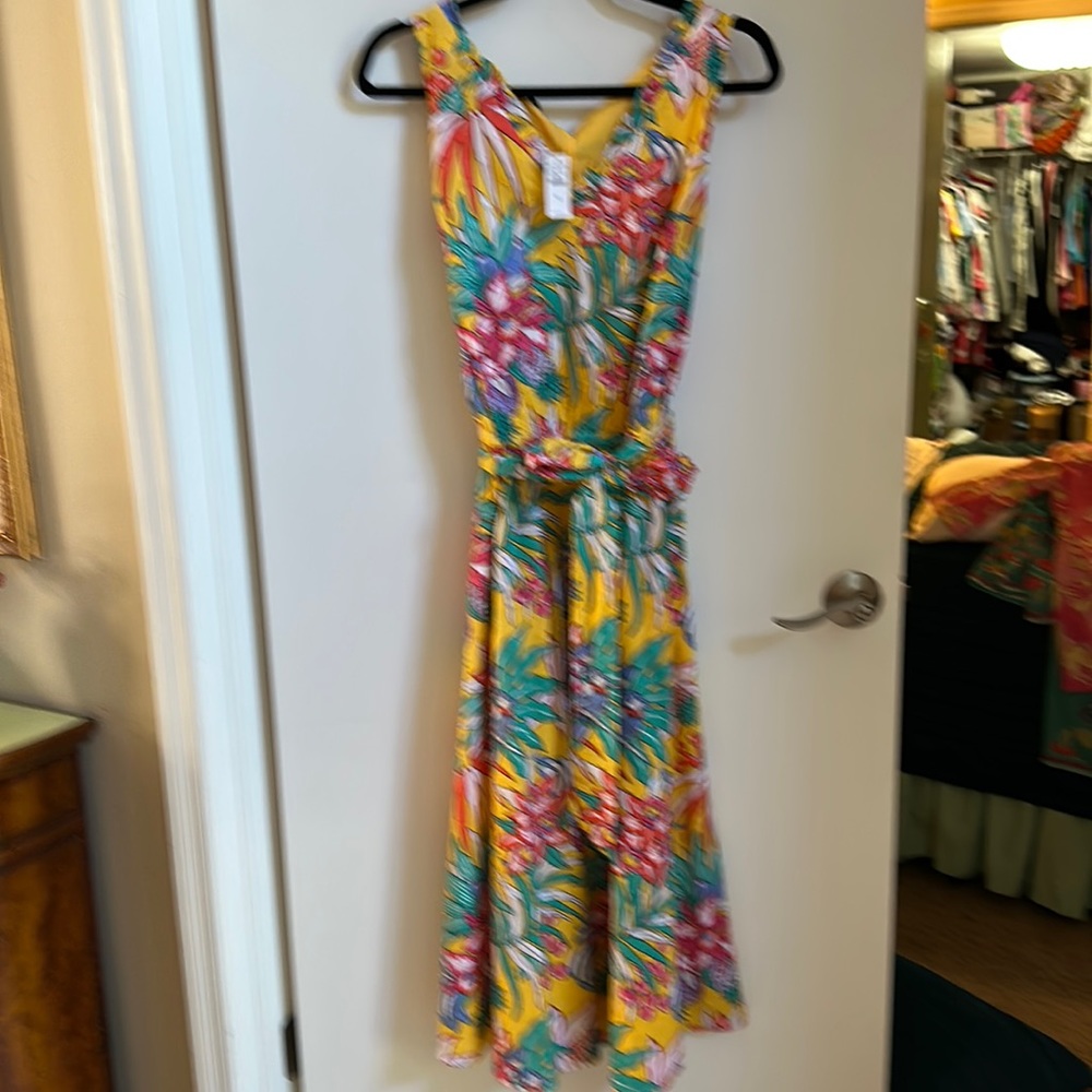 Talbots dress tropical print golden yellow